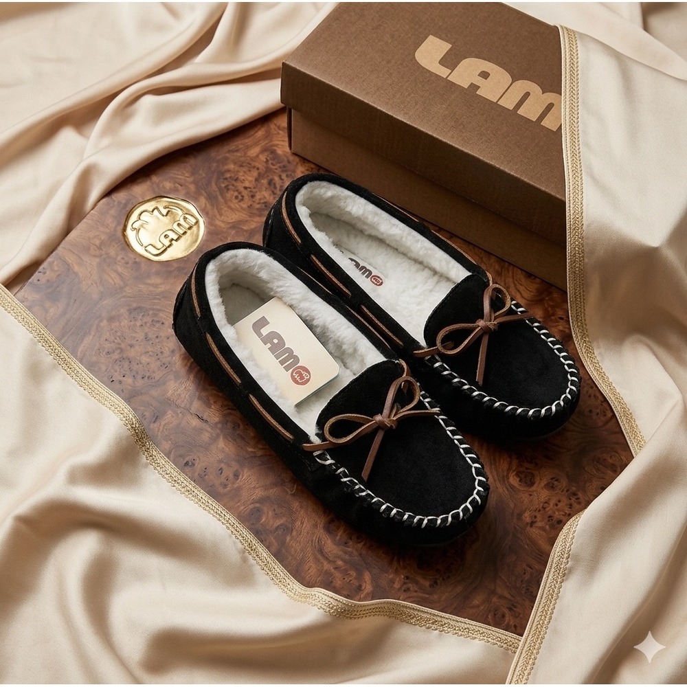 LAMO Black Moccasin Slippers Luxe Cozy Fur Lined Comfort & Style size 10